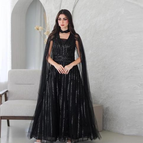sevintage יוקרה שחור חרוזים פאייטים שמלות נשף שמלות שכמייה שרוולים ערב סעודית קו שמלות ערב לאירוע רשמי