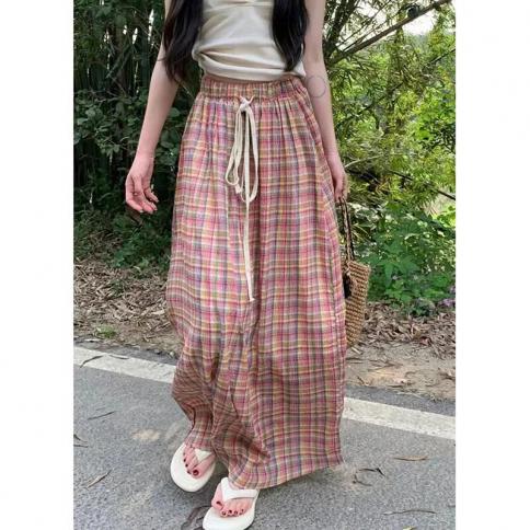 lucyever vintage y2k חצאיות משובצות נשים harajuku streetwear שרוך חצאית ארוכה אישה קיץ אלסטי מותן גבוה קו