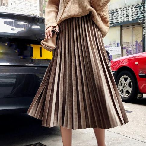 חצאית קפלים קטיפה וינטג' של לוסיבר לנשים 2022 אביב חצאיות ארוכות מותן גבוהות אופנה חצאית מידי לנשים