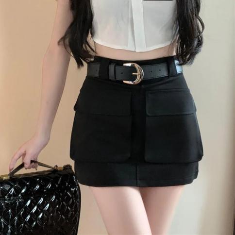 lucyever חצאיות מטען שחורות לנשים אופנה מותן גבוה הרזיה bodycon חצאית מיני אישה פרוע כיסים גדולים חצאית קו