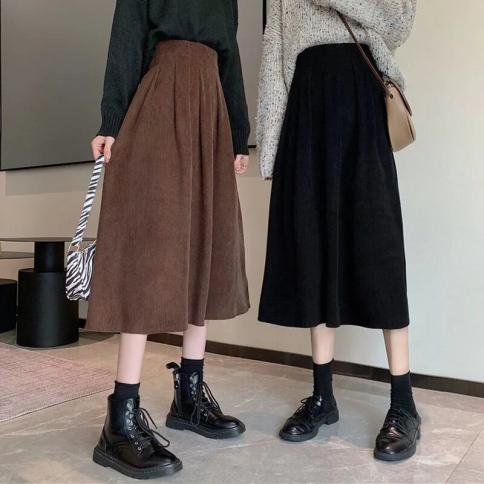 lucyever חצאיות מידי נשים קורדרוי וינטג' חום שחור שחור מותן גבוה חצאיות ארוכות לנשים 2022 סתיו אופנה חצאית אלין