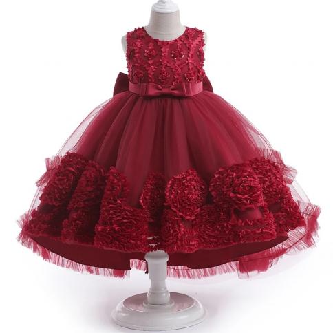 Trailing Party Dress For Girls Costume Formal Bow Pink Bridesmaid Princess Kids Dress For Girl Tutu Flower Wedding Birth