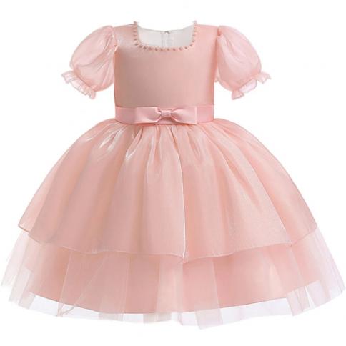 Summer Girl Dress Beading Pink Birthday Party Princess Kids Dress For Girls Bridemaids Gown Bow Wedding Fluffy Dresses V