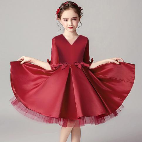 Summer Bow Girls Dress Long Sleeve Red Christmas Princess Kids Party Dresses For Girl Wedding Bridemaids Prom Birthday C