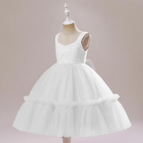 Summer White Suspender Kids Party Dresses For Girls Children Costume Bow Bridemaid Princess Dress Prom Lace Wedding Even