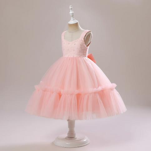 Kids Pink Suspender Party Dress For Girls Child Costume V Neck Lace Bow Wedding Princess Dresses Bridemaids Summer Dress