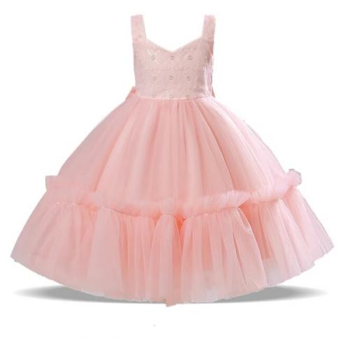 Kids Pink Suspender Party Dress For Girls Child Costume V Neck Lace Bow  Wedding Princess Dresses Bridemaids Summer Dress Color Pink Kid Size 4Y