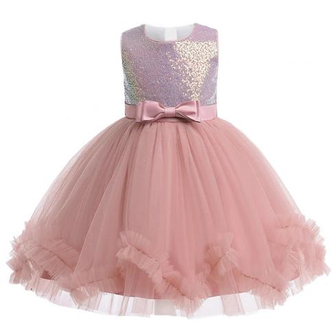 Fluffy Sequin Girls Dress Elegant Bow Wedding Princess Kids Party Dresses For Girl Pink Bridemaids Evening Birthday Gown