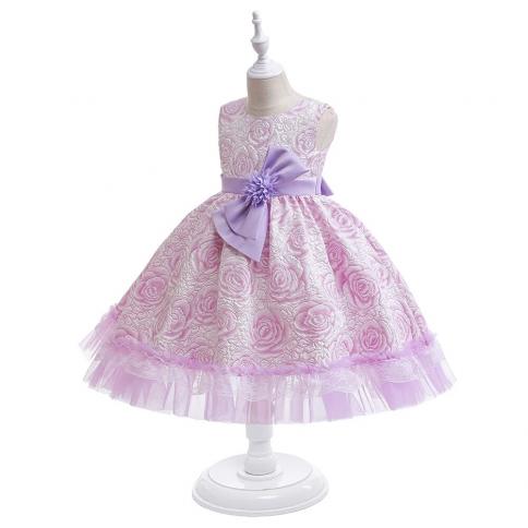 Summer Big Bow Party Girl Princess Dresses Formal Bridesmaid Lace Purple Prom Kids Dress For Girls Wedding Birthday Gown