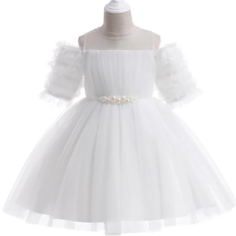 Summer Pearl Bridemaids Girls Dress Tulle White Wedding Princess Prom Kids Party Dresses For Girl Birthday Evening Gown 