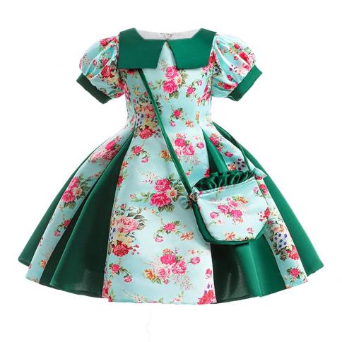 Green Floral Girls Dress With Bag Summer Party Wedding Princess Kids Dresses For Girl Elegant Pageant Bridemaid Birthday