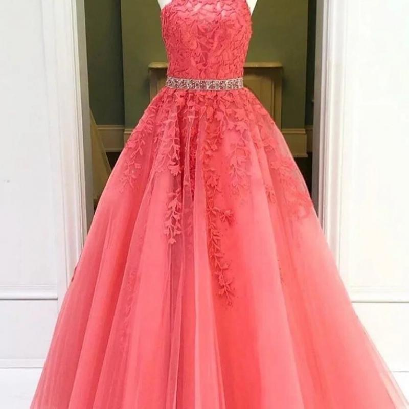 Watermelon Prom Dresses Hatler Neckline Tulle Lace Applique