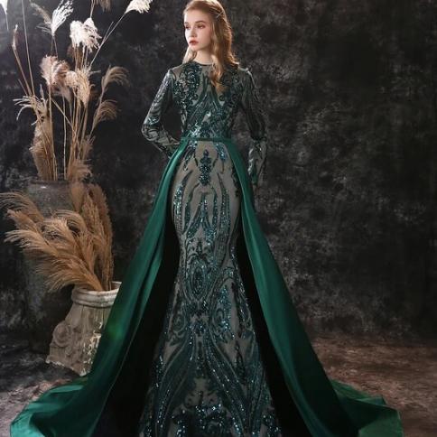 Mermaid Court Dresses Prom Muslim Full Sleeve Mermaid With Trail Long Evening Gowns Sequined Satin Female Graduation Par US Size 2 Color Cap sleeve Mermaid Court Dresses Prom Muslim Full Sleeve Mermaid With Trail Long Evening Gowns Sequined Satin Female Graduation Par US Size 2 Color Cap sleeve