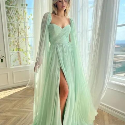 Mint Prom Dresses Chiffon Pleats With Flowing Wrap Sweetheart Long Front  Slit Beach Formal Party Graduation Evening Gown US Size 4 Color mint green
