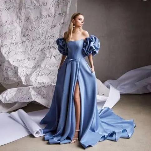 Fuchsia Gray Blue Prom Dresses Satin Off Shoulder Puffy Short Sleeves A Line With Slit Formal Party Evening Gowns Elegan Color Black US Size 4 Fuchsia Gray Blue Prom Dresses Satin Off Shoulder Puffy Short Sleeves A Line With Slit Formal Party Evening Gowns Elegan Color Black US Size 4