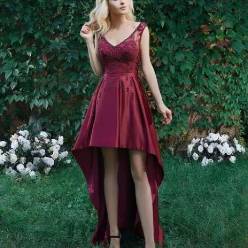 Short Front Long Back Prom Dresses Satin Beaded V Neck Sleeveless Women Party Evening Gowns Women Formal Occasion Dresse Color Black US Size 20W Short Front Long Back Prom Dresses Satin Beaded V Neck Sleeveless Women Party Evening Gowns Women Formal Occasion Dresse Color Black US Size 20W