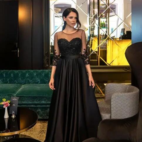 Lace Applique Beaded Prom Dresses 3/4 Sleeves Dot Tulle Satin Long Floor  Length Formal Party Evening Gowns Elegant Color champagne US Size 12