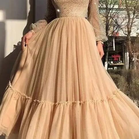 Champagne Prom Dresses Sparkly Glitters Puffy Full Sleeves Tulle A Line  Ankle Length South African Evening Gowns Graduat Color White US Size 6