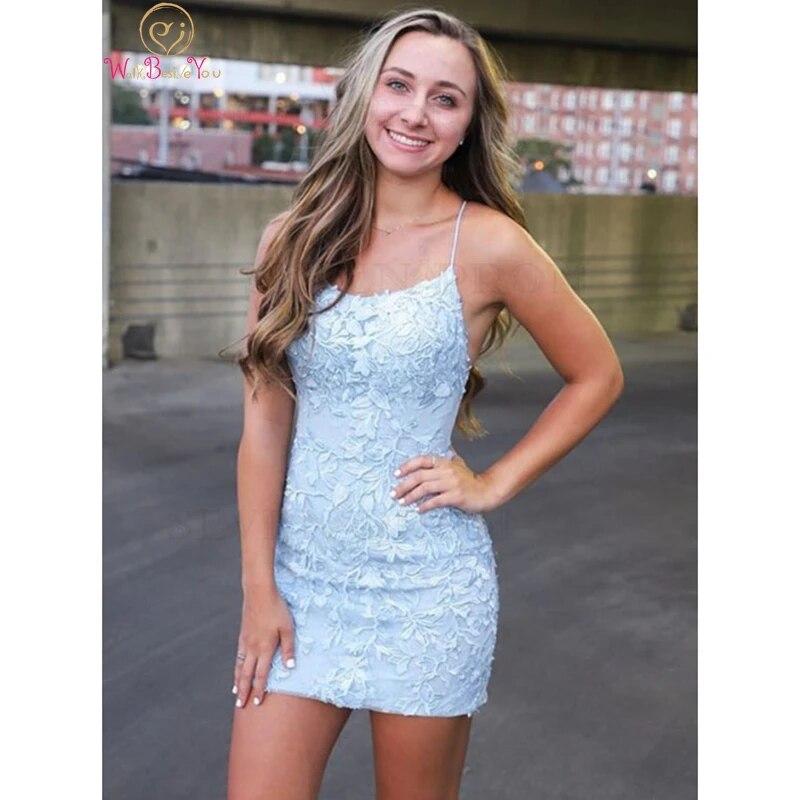 light blue tight dress Spaghetti Straps Short Prom Homecoming Dress the Lucia Sheer Sleeve Ruched Mini dress boasts a versatile neckline that can be worn on or off the shoulder Spaghetti Straps Sky Blue Tight