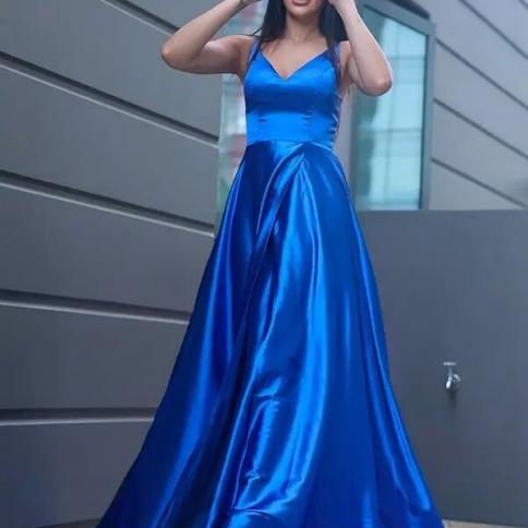 blue violet prom dresses Modest Unique Royal Blue And Purple V-neck Beading Long Prom Dresses With Pockets main image 0