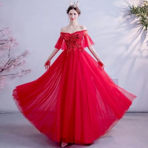 Red Prom Dresses Off Shoulder Half Sleeves V Neck Long Tulle Sequin A Line  Evening Gown Formal Party Walk Beside You P Color Red US Size 14