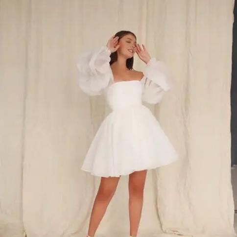 knee length dresses for ladies Victoria Bishop Sleeves Lace Organza Custom Short Puffy Wedding Gown main image 0