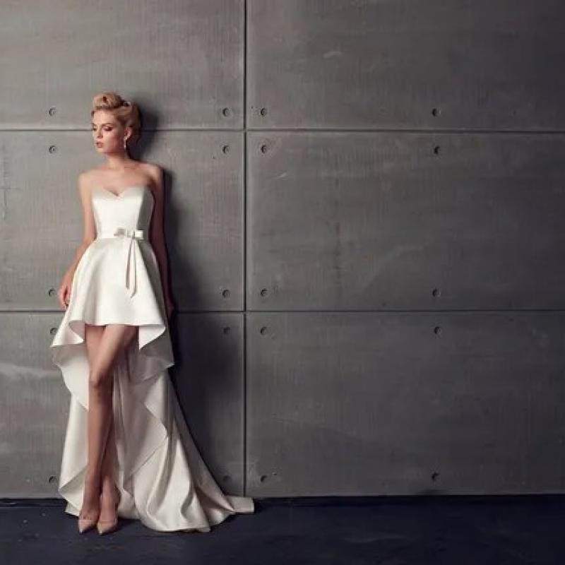 beach wedding dress short in front long in back Dresses Satin With Bow Simple Strapless Sweetheart A Line Formal Women Bridal Bride US Size 12 Color Ivory White