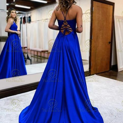 Deep V Neck Royal Blue Evening Dresses 2023 Satin Long Front Slit Front  Split Lace Applique Beaded Prom Gown Formal Par Color champagne US Size 14W