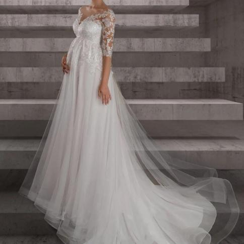 Long Pregnant Wedding Dress 2022 Empire Waist Sheer Neck 3/4 Sleeves Lace  Applique Tulle A Line Bridal Gown Women Custom US Size 2 Color Ivory