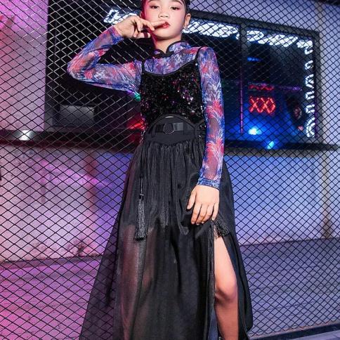 zzl kpop במה תלבושת לילדה 3 יחידות אפוד שחור נצנצים חצאית טול ריקוד אורבני בגדי ילדים למסלול ג'אז היפ הופ