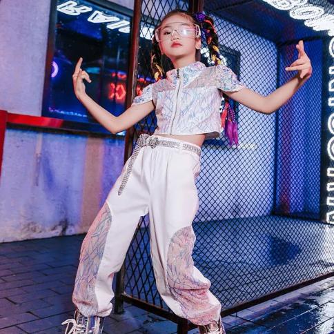 zzl k פופ היפ הופ רחוב ג'אז ריקוד אורבני בגדי ילדה 2 יחידות לבן רסיס פאייטים תחפושת קיץ הופעת מסלול מופע