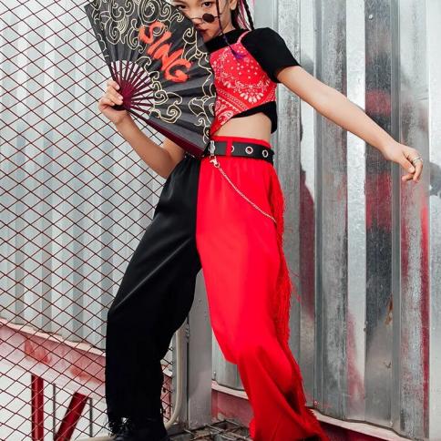 zzl kpop תלבושת במה לילדה 3 יחידות תחפושת שחורה ואדומה לריקוד אורבני בגדי ילדים ג'אז היפ הופ חליפת מסלול ריקוד רחוב