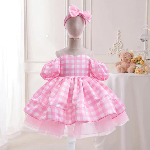 Hot Barbi Pink Dress For Girls Costume Fluffy Party Birthday Plaid Girl Dresses Carnival Birthday Wedding Kids Clothes 2