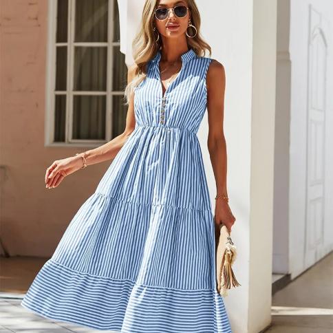 Striped Shirt Dress Women Sleeveless V Neck Long Dresses Summer Casual Buttons A Line Beach Holiday Dresses Female Cloth size L Color Blue Striped Shirt Dress Women Sleeveless V Neck Long Dresses Summer Casual Buttons A Line Beach Holiday Dresses Female Cloth size L Color Blue