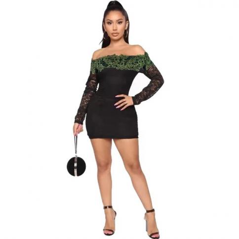 Okayoasis Women Slash Neck Long Sleeve Bodycon Lace Party Dress Lady Elegant  Mini Skater Dress Dresses size S Color SK22068