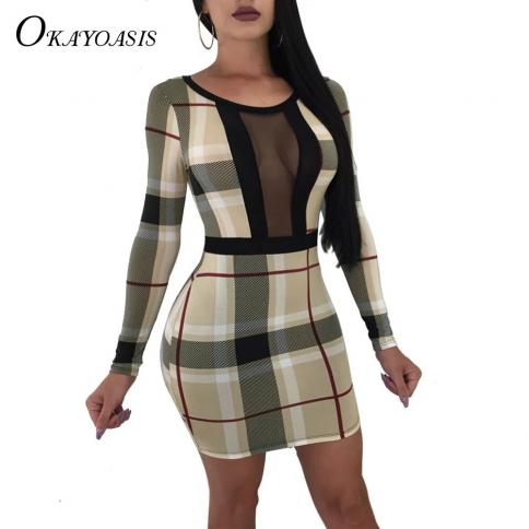 okyoasis נשים סתיו bodycon שמלת טלאים שרוולים ארוכים מיני חלוק מועדון שמלת שמלות שמלות וסטיוס משובצות שמלות מסיבה