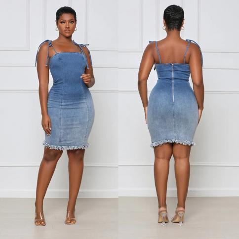 Blue Denim Skater Dress Women Spaghetti Strap Elegant Jeans Casual Sundress Dresses size XL Color ML23575