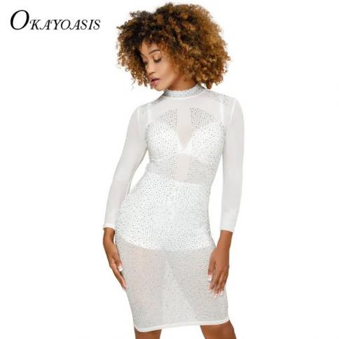 New Women Party Bandage Dress Luxury Beaded Rhinestone Black White Long  Sleeve High Neck Mesh Celebrity Autumn Dressdre size M Color Bandage Dress