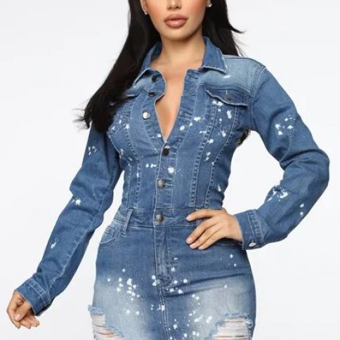 Plus Sizes Ripped Jeans Skater Dress Women Turn Down Collar Long Sleeve  Buttons Denim Casual Dress Dresses size M Color SK22848