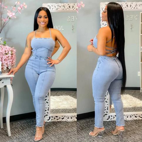 סרבל ג'ינס נטול גב לנשים כותר bodycon ג'ינס קלאב אוברול סרבל סרבלים