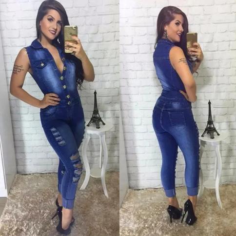 סרבל ג'ינס קרוע נשים ללא שרוולים bodycon ג'ינס קיץ קז'ואל אוברול אוברול