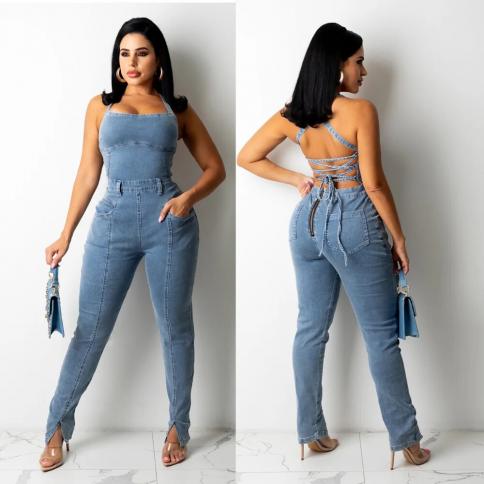 סרבל ג'ינס ללא גב לנשים סטרפלס bodycon שרוכים ג'ינס עיפרון סרבל אוברולים