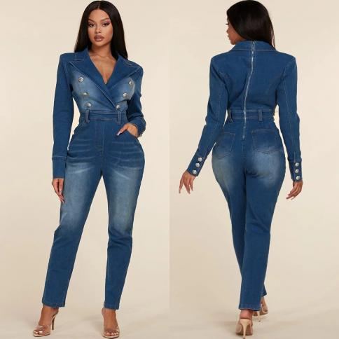 סרבל ג'ינס למתוח נשים מורידות צווארון אלגנטי כחול ג'ינס קז'ואל אוברול רומפר