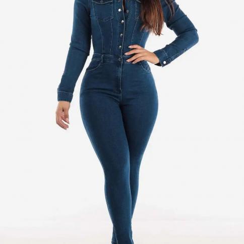 סרבל עיפרון ג'ינס סתיו לנשים מטה צווארון אלגנטי ג'ינס כחול קז'ואל אוברולים