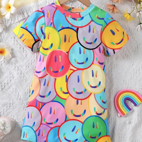 Girls' Summer New Street Fashion Dress Colorful Cute All Over Smiley Face  Pattern, Stretchy Long Knitted Dress Color MULTI Kid Size 130