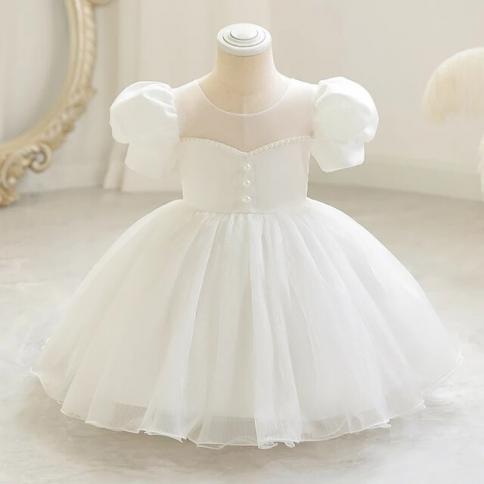 W002 Girls' Court Style Short Dress Children's Princess Bubble Sleeves Mesh  Puff Skirt Little Host Performa Color White Kid Size 100