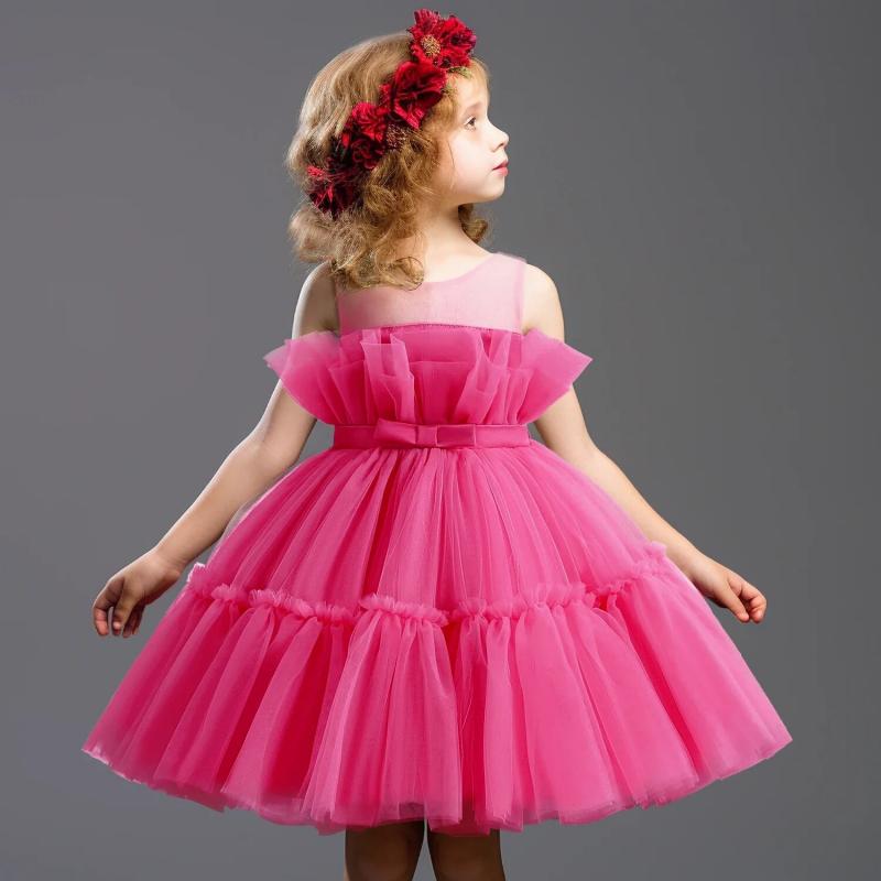 2024 Holiday Dress Princess Party Tulle Puffy Gown Summer Flower Girls Gowns  For Wedding Baby Girls 1 5y Birthday Baptis Kid Size 5T Color P0003