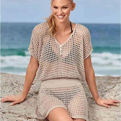 Crochet Knitted Beach Cover Up Dress Tunic Long Pareos Bikinis Cover Ups  Swim Cover Up Robe Plage Beachwear size One size Color Beige