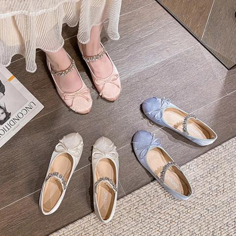 2024 Elegant Woman Summer Round Toe Ballerina Flats Shoes Cute Silk Satin  Rhinestone Casual Flats Female