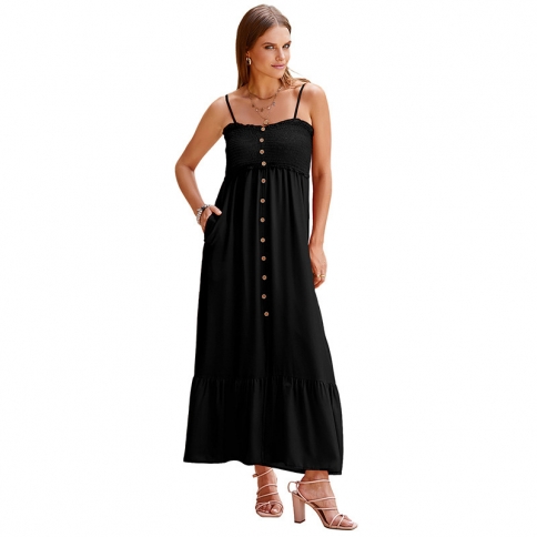 Summer New Design Front Slit High Waist Long Skirt For Women 2024 And  Casual Simple Suspender Dress For Women size M Color LC6118512 black